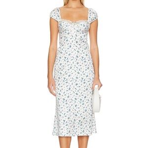 For Love & Lemons White Floral Midi Dress with Blue and Green Print